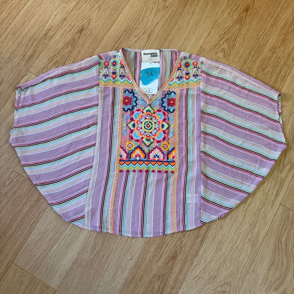 NWT Savanna Jane Ava Multistripe Embroidered Poncho Top Women Small Pink Boho